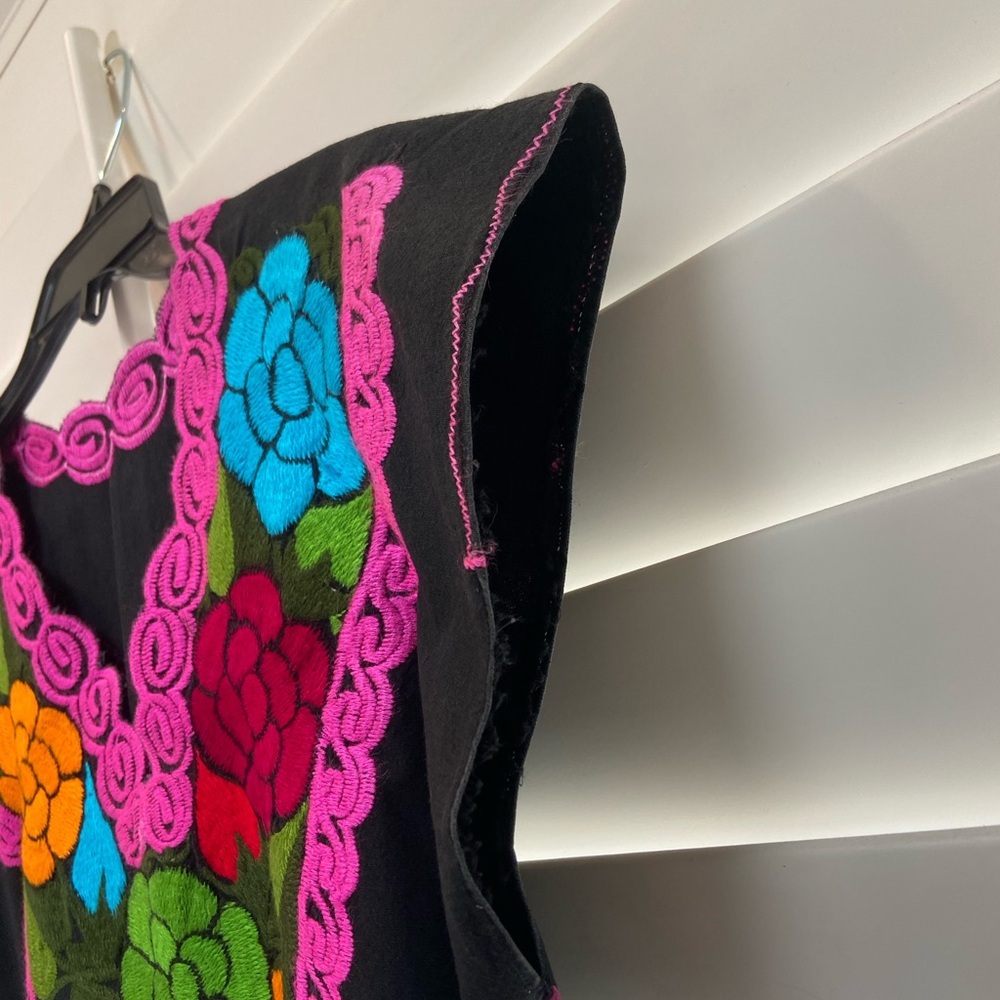 Colorful Embroidered Black Tunic Tank Made in Mexico Patchwork Embroidered - Picture 3 of 7